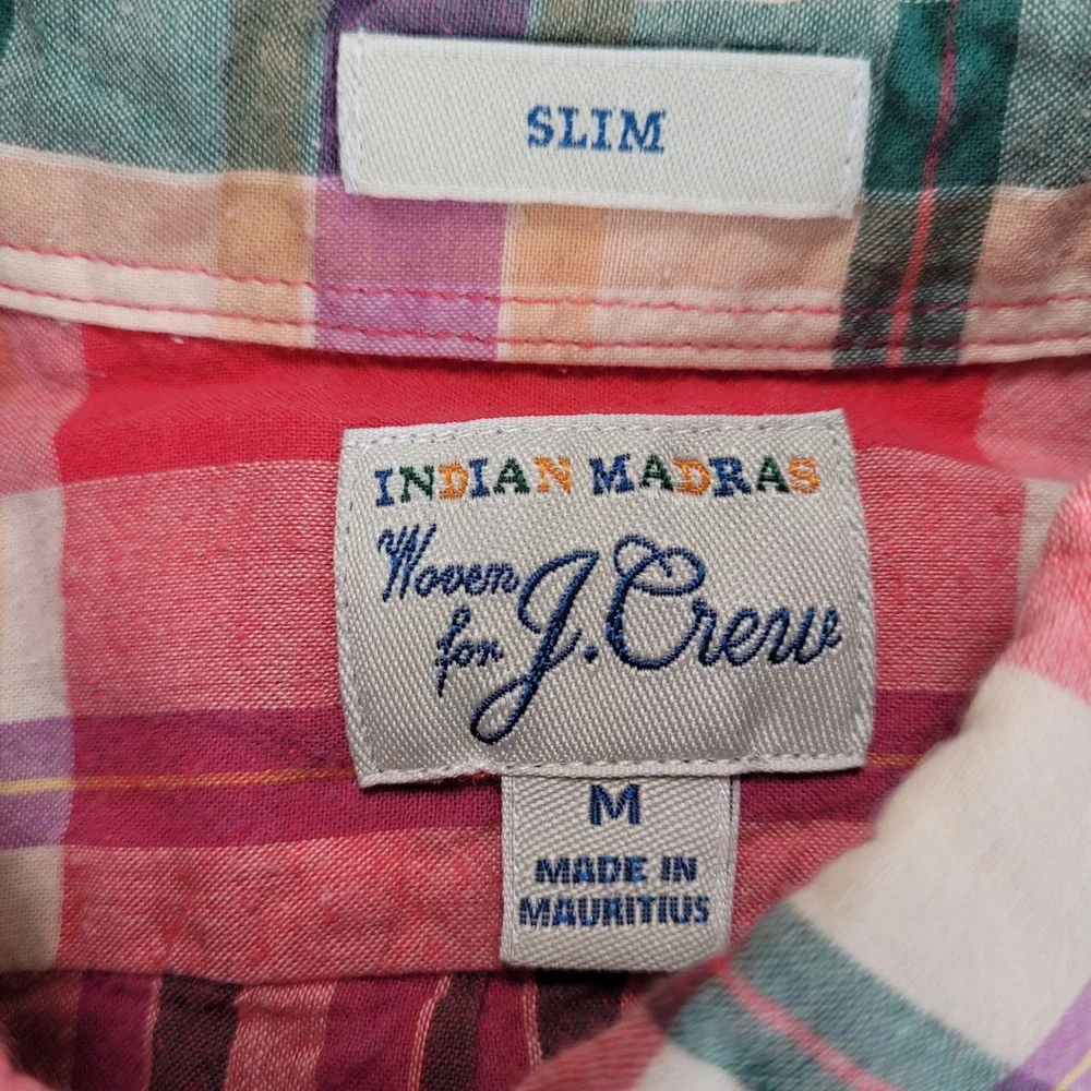 J.Crew Y2K Mens Indian Madras Slim Fit Plaid Button Down Shirt Red Pink Medium M